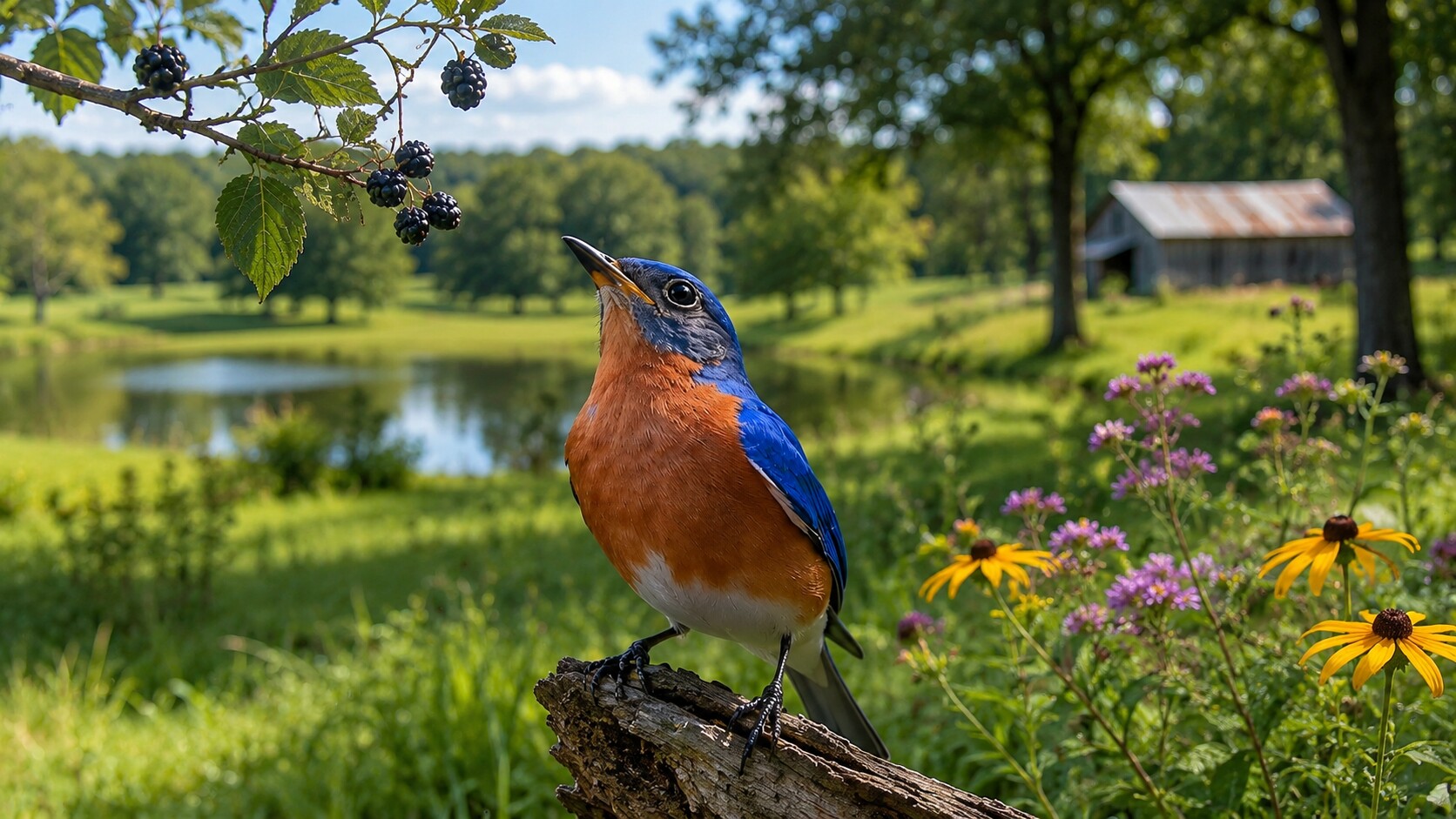 Eastern bluebird perched in a sunlit garden landscape