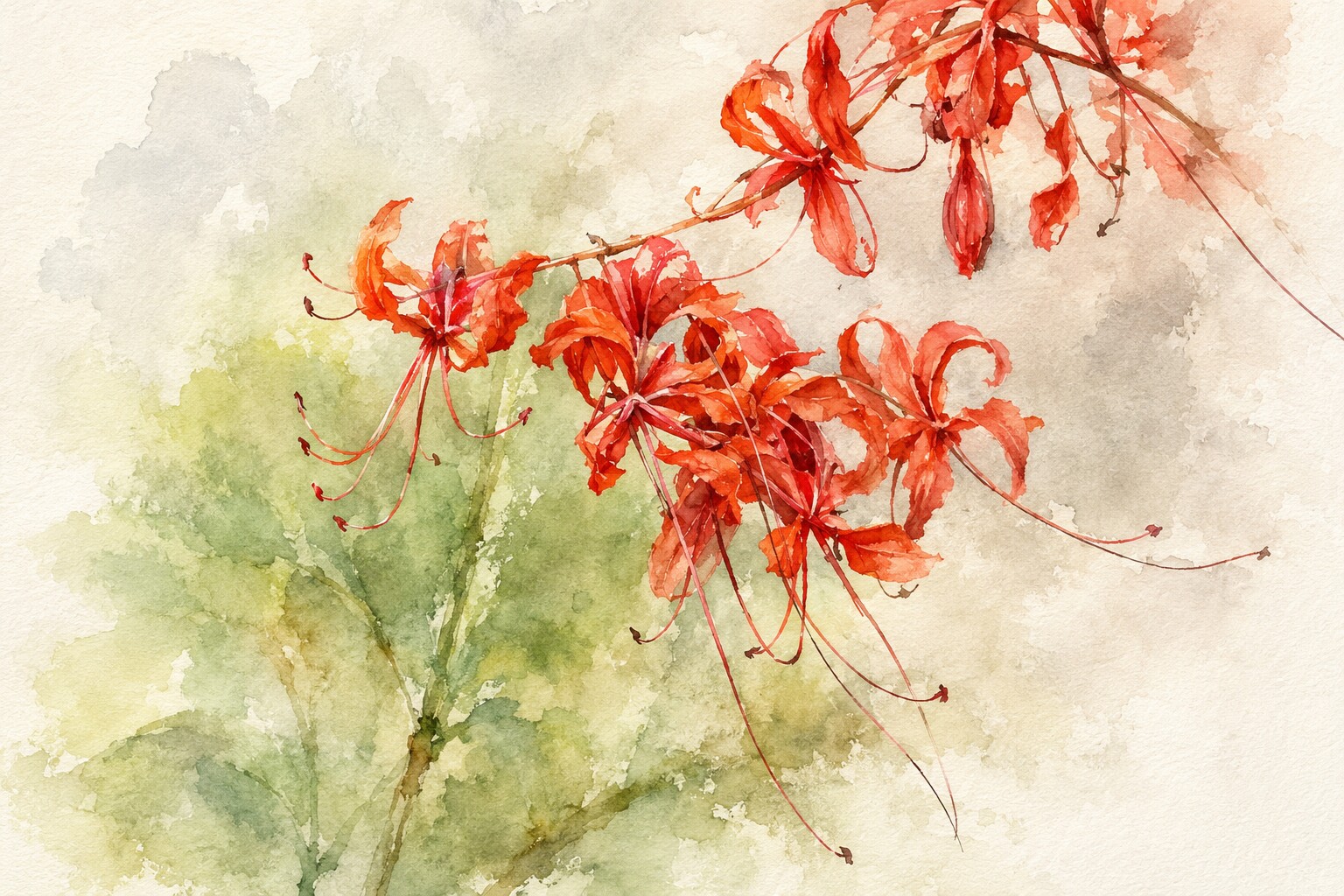 Red spider lilies in a loose painterly style